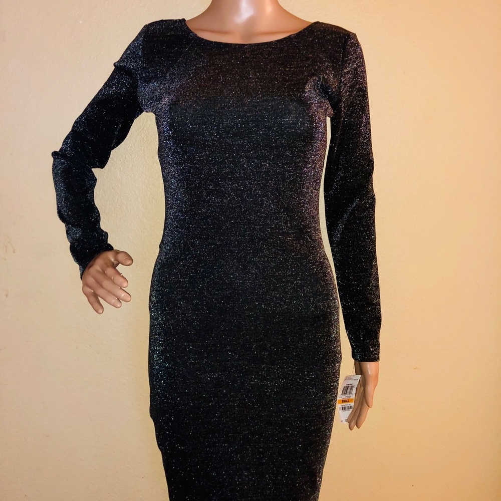 Bar Iii Long-Sleeve V-Back Sparkle Dress - Picture 2 of 8